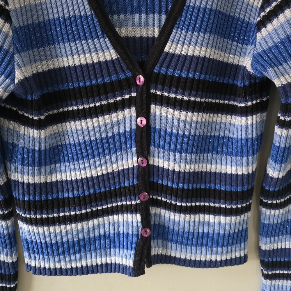 Le Chateau M Vintage Y2K Eclectic Coquette Striped Ribbed Knit Cardigan - Picture 4 of 12